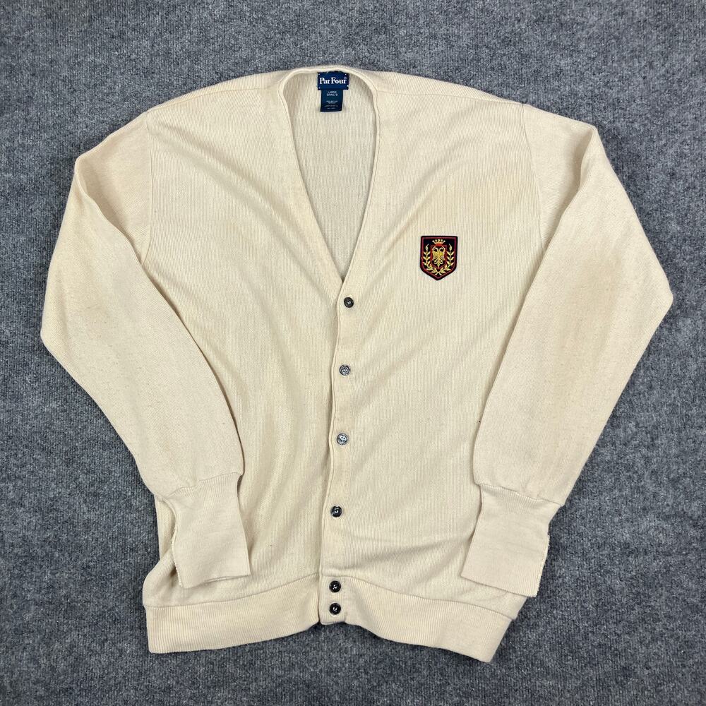 Par Four Cardigan Sweater Mens Size L Cream Knit Crest Logo Button Front USA